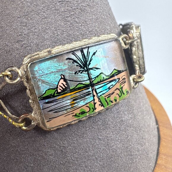 VTG 900 Silver Blue Morpho Butterfly Wings Hand Painted Tropical Scene Bracelet - Picture 5 of 12